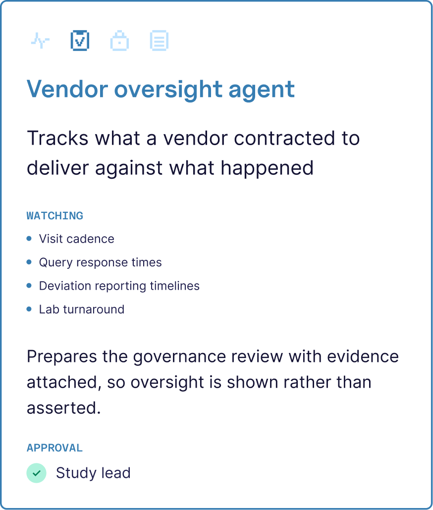 Vendor oversight agent: tracks what a vendor contracted to deliver against what happened. Visit cadence, query response times, deviation reporting timelines and lab turnaround. Prepares the governance review with evidence attached. Approved by the study lead.